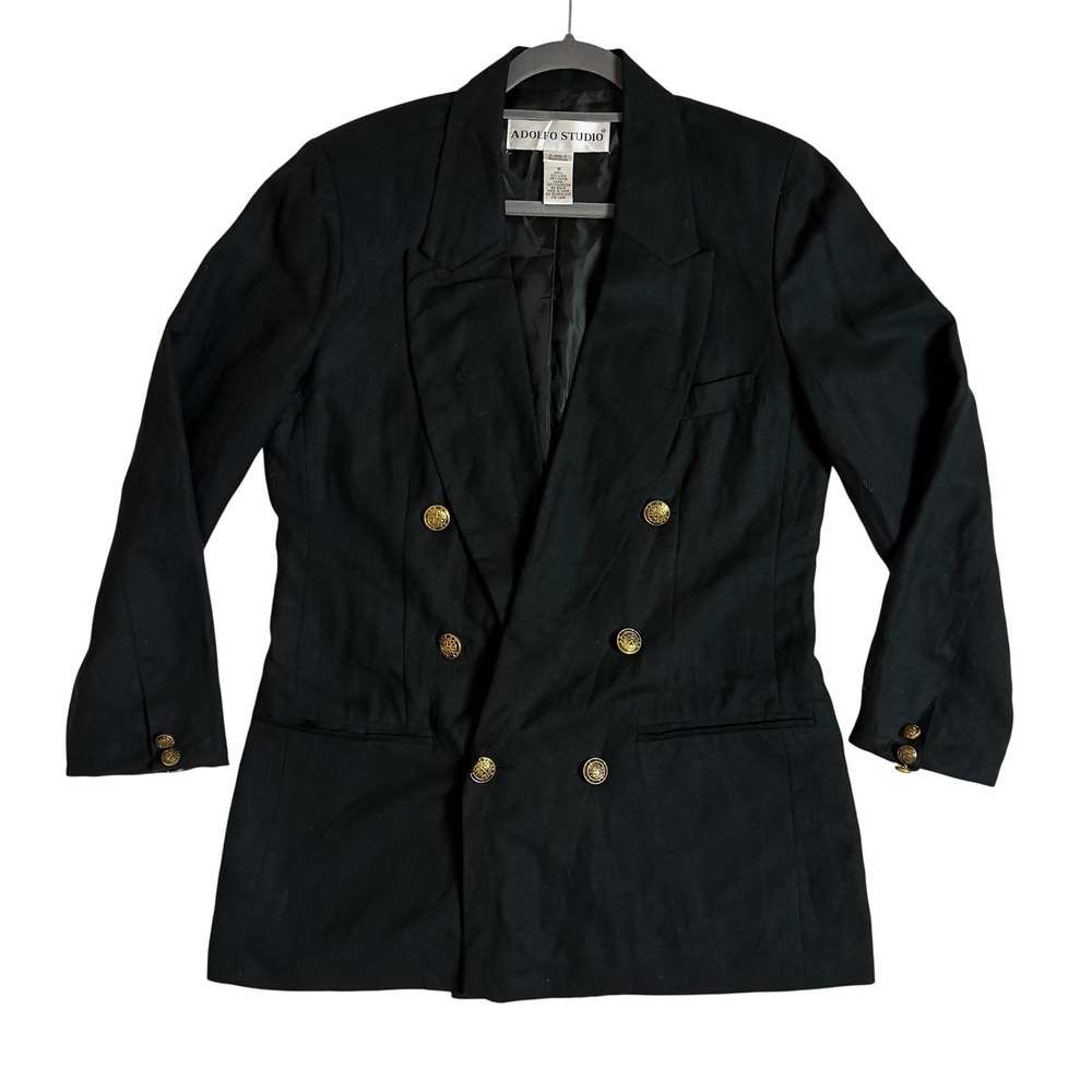 Adolfo Studio Black Linen Blend Blazer Gold Crest Buttons Equestrian Vtg Size 10